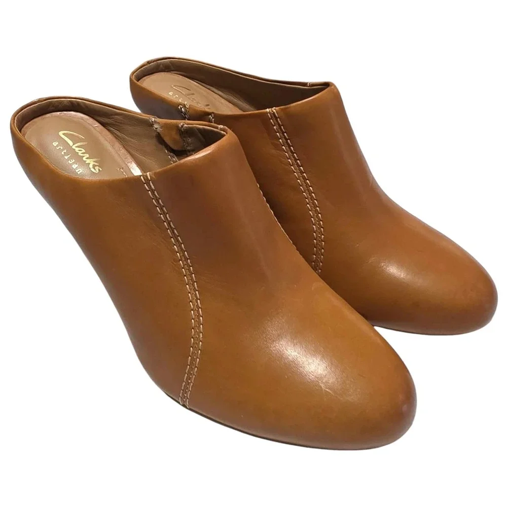 Clarks Artisan Womens 7 Tan Leather Wedge Mules Almond Toe Shoes